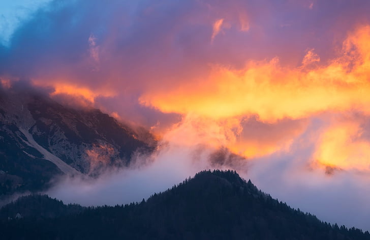 slovenia, sunrise, mountains, fog, sky, clouds, colors
