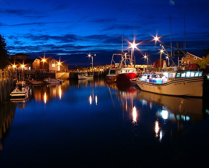 boating, night, boat, tourism, canada, lobster, wharf