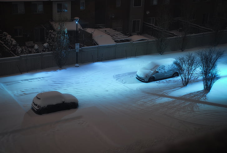 cars, snow, parking lot, snowfall