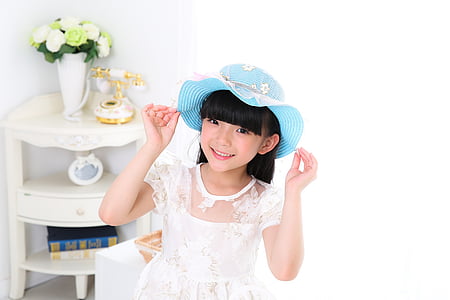 niño, Chicas, Retrato, Foto, vestido blanco, sombrero, oferta