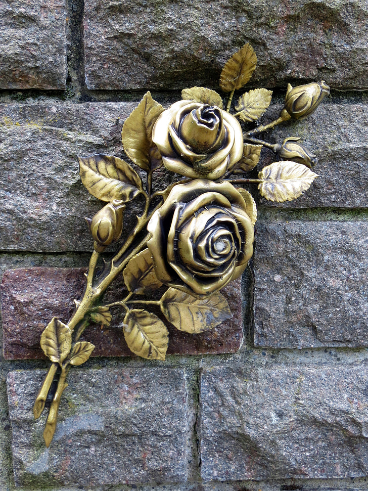 roses, mourning, symbolism, brass, tomb, cemetery