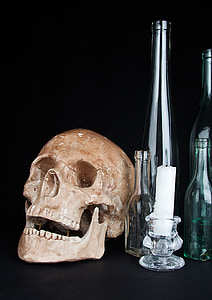 skull, the bottle, glass, composition, studio, simplicity, candle