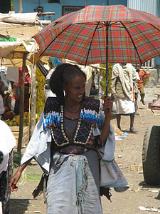 Etiopie, ženy, Afrika, trh, deštník