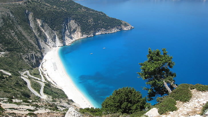 stranden, Grekland, ön Kefalonia, havet, stranden myrtos strand, bokade, naturen