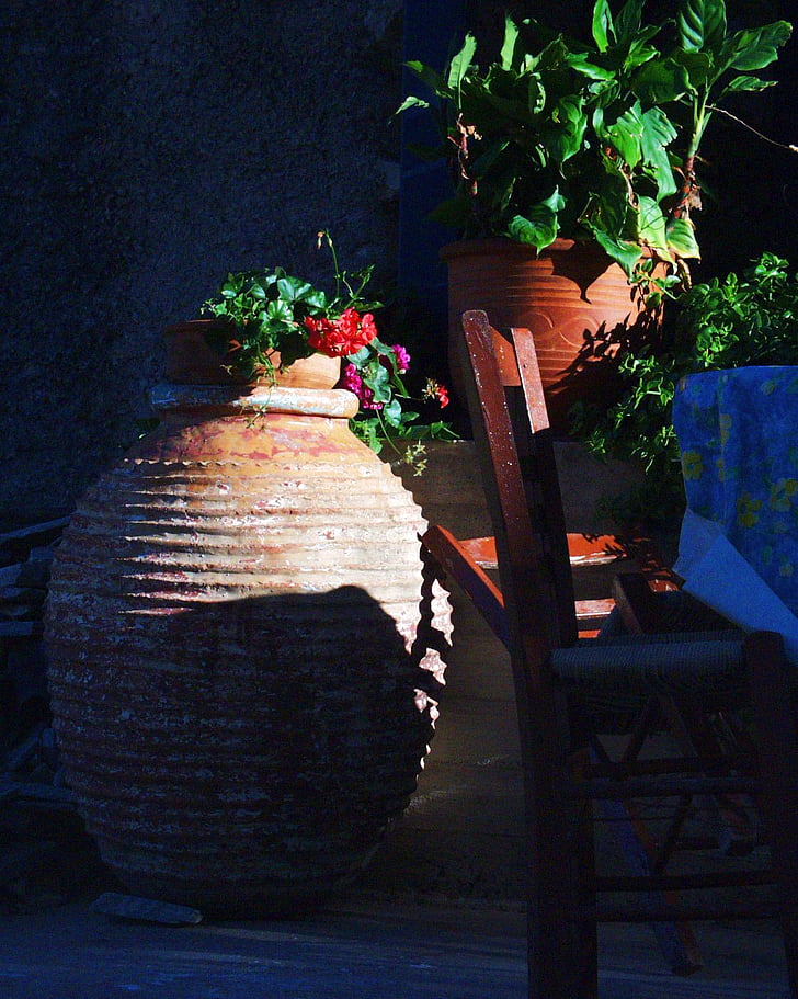 Amphora, keramik, potte, blomster, arrangement, stol