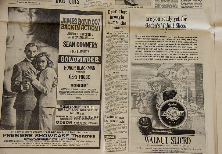 krant, advertenties, advertentie, Vintage, Goldfinger, film, tabak