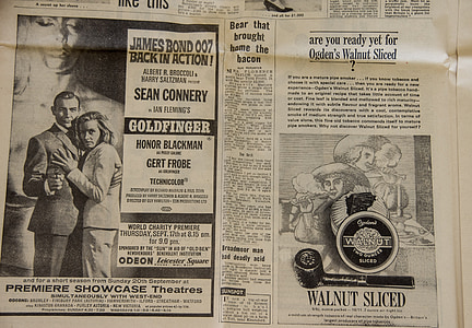 újság, reklámok, hirdetés, Vintage, Goldfinger, film, dohány