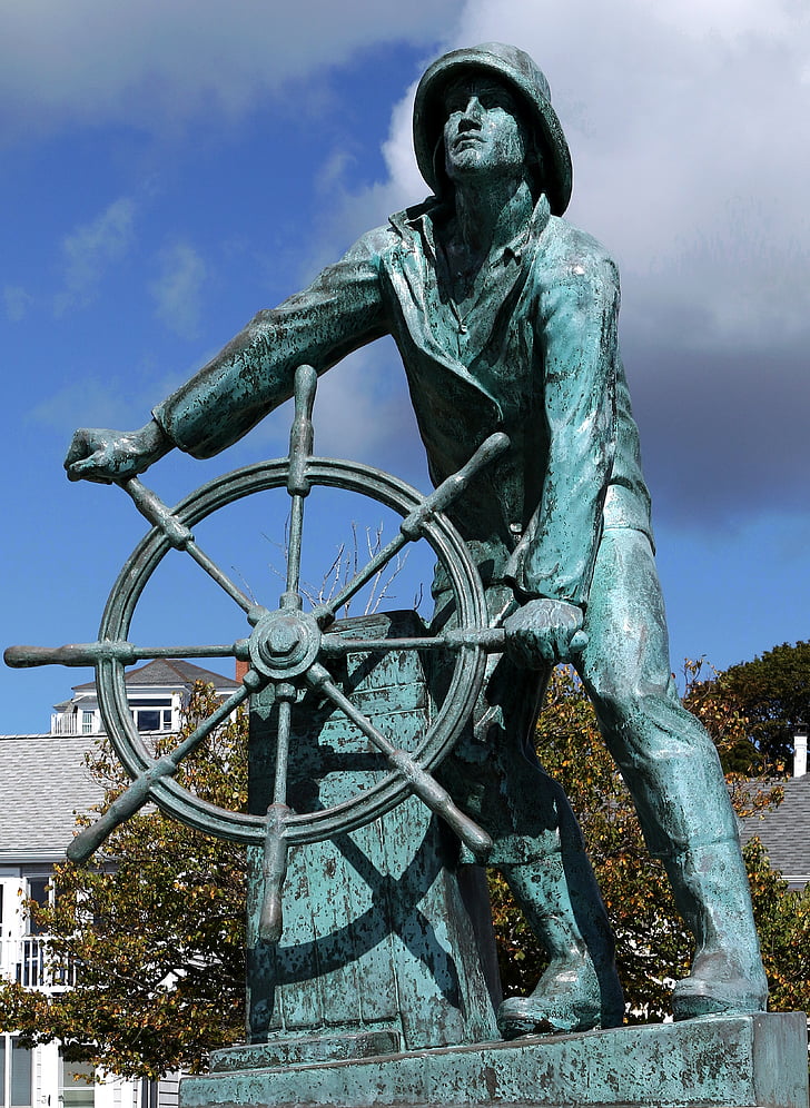statue, gloucester massachusetts, fisherman, wheel, ship, fishing, hat
