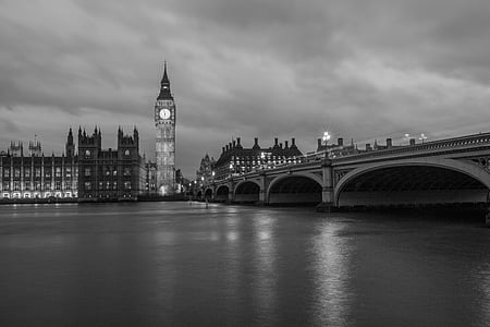 big ben, black-and-white, bridge, clock tower, london, night, palace