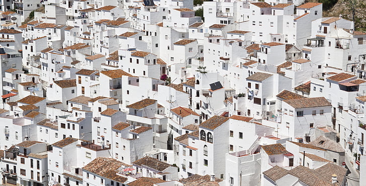 aerial, view, white, painted, houses, daytime, architecture