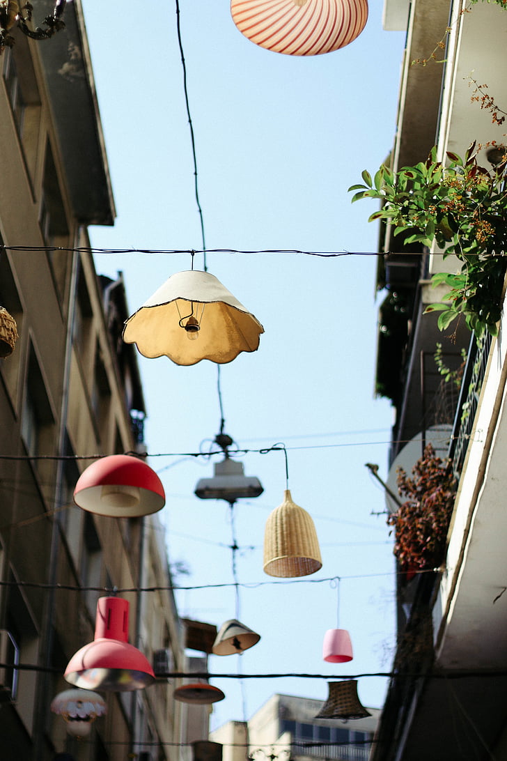 assorted, lanterns, street, architecture, lampshade, hanging, day