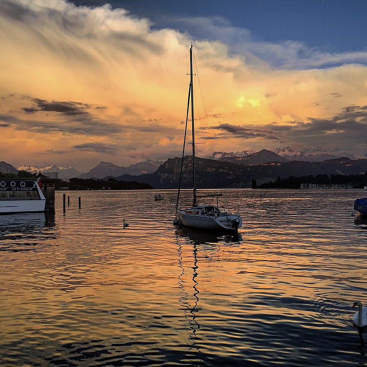 Sunset, Lake, mieliala, vesi, Nautical aluksen, Cloud - sky, taivas