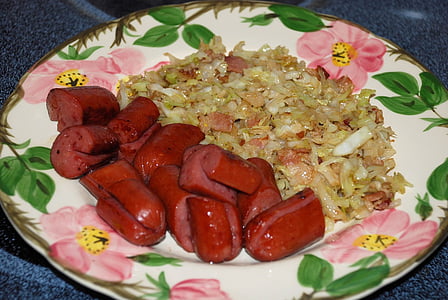 food, fast, quick, meals, cabbage, sausage, plate