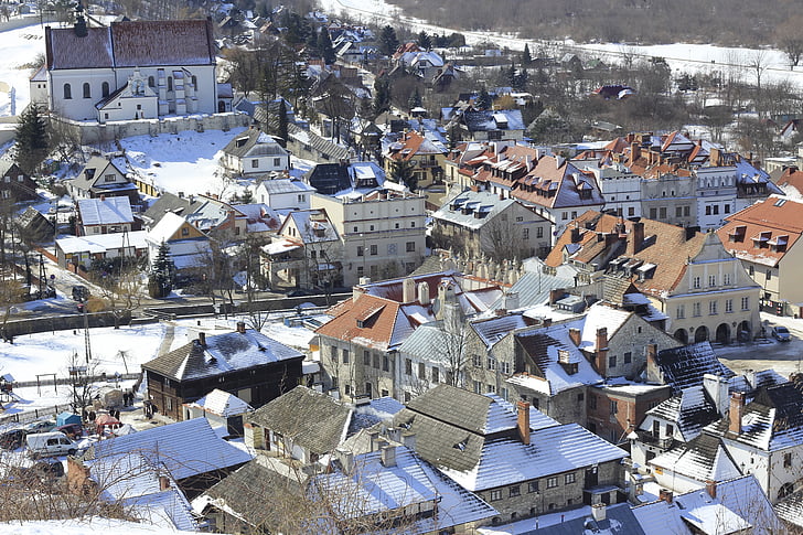 Kazimierz dolny, Panorama av byen, byen, Vis, arkitektur, bygninger, Vinter