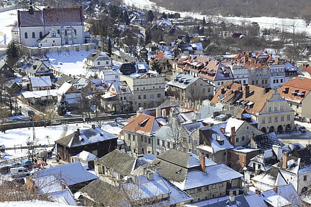 Kazimierz dolny, pilsētas panorāma, pilsēta, skats, arhitektūra, ēkas, ziemas