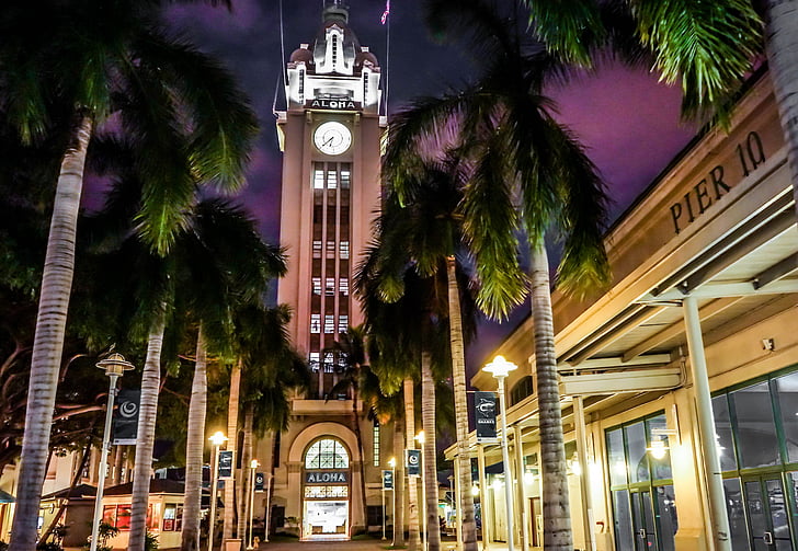 Torre de Aloha, Havaí, Oahu, à noite, relógio, Honolulu, edifício
