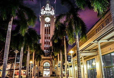 Aloha tower, Hawaii, Oahu, éjszaka, óra, Honolulu, épület