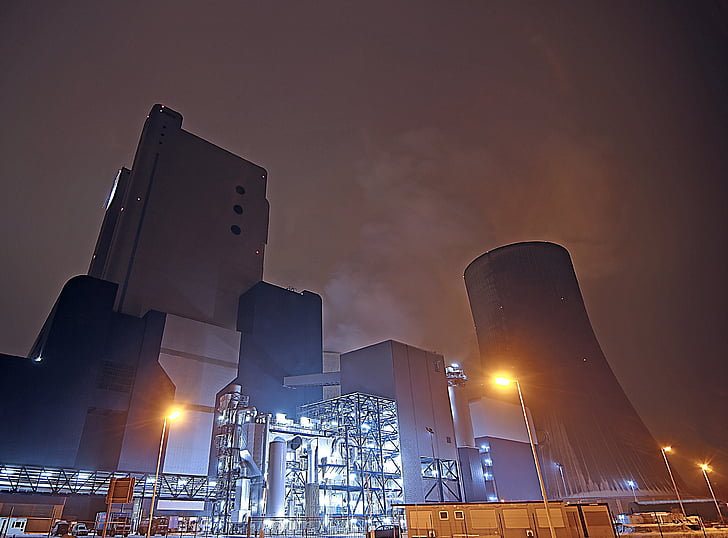 architectural, view, buildings, night, time, technology, Coal Fired Power Plant