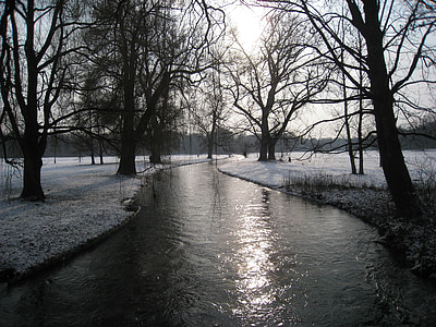 München, angol kert, téli, Bach, téli, hó, fa