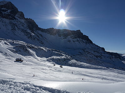 sun, snow, mountain, backlight, landscape, mountaineering, winter