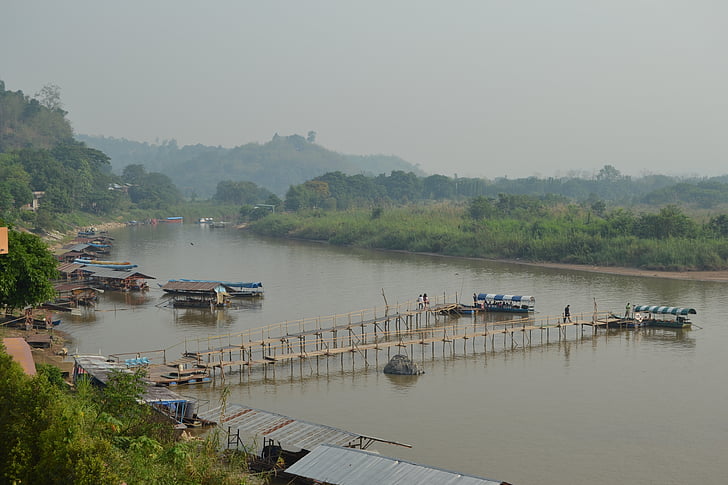 triángulo de oro, Laos, barcos, Río, barco, canoa, amanecer
