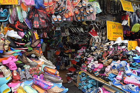 Korea, Sydkorea marked, traditionelle marked, sko, butikscenter, Seouls namdaemun porten, sko bunke