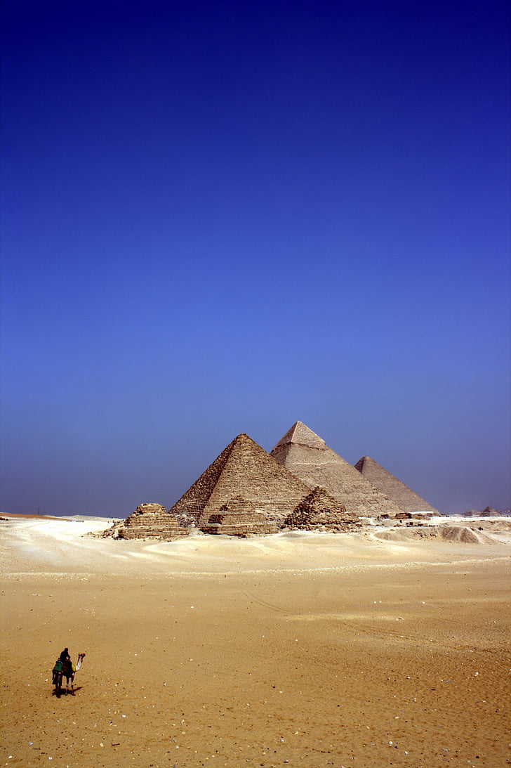 alone, camel, desert, egypt, person, pyramids, sand