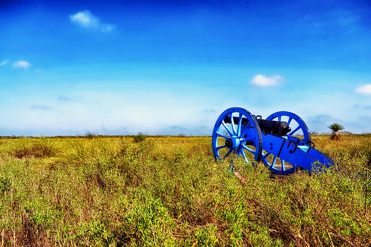 campo de batalha de Palo alto, Texas, campo, canhão, céu, nuvens, HDR