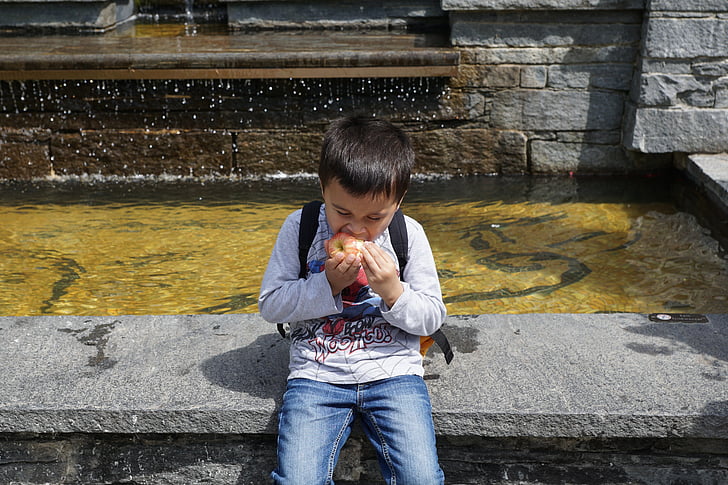 boy, apple, eat, three quarter length, childhood, one person, outdoors