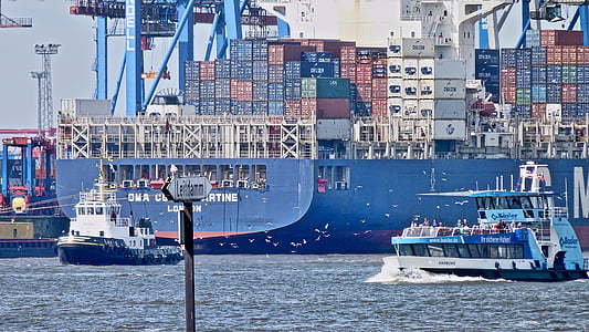 navio porta-contentores, Porto, Hamburgo, Elbe, contêiner, rebocador, naves