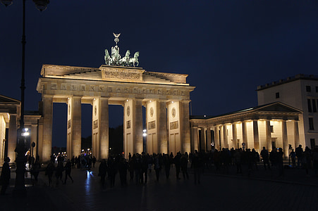Berlín, porta de Brandenburg, nit, Monument, romàntic, arquitectura, edifici
