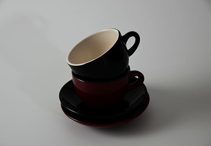 black, ceramic, tea, cup, saucer, red, white