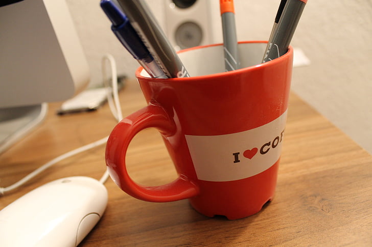 pencils, cup, desk, table, computer, office, coffee break