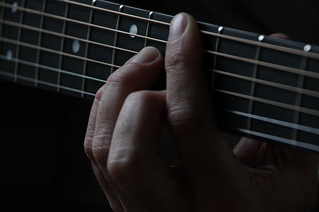 guitare, chaînes, doigt, main, jouer, instrument, musique