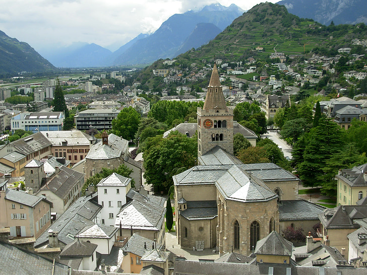 staro mestno jedro, Sion, Švica, mesto, zgodovinski, okrožje, pogled