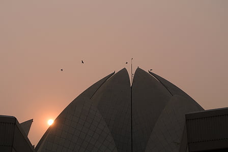 Świątynia lotosu, zachód słońca, Słońce, Delhi, Indie