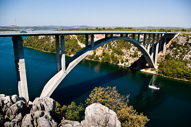 bridge, water, croatia, city, mountain, ship, cars