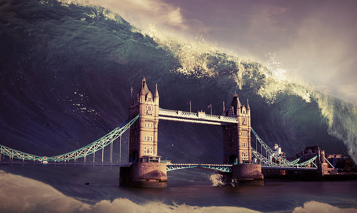 wave, tower, bridge, flood, apocalypse, background, london