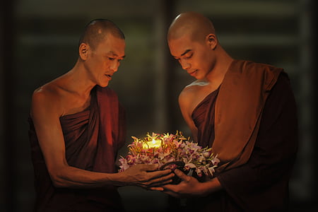theravada buddhism, monks, passing candle, candle in dark, buddhism, theravada, traditional