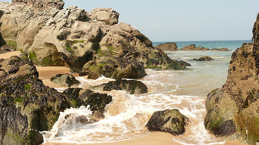 岩石, 波, 海滩, 海洋, 海边, 人渣, 侧