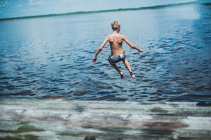 skok, ljeto, jezero, plivati, avantura, bez majice, vode
