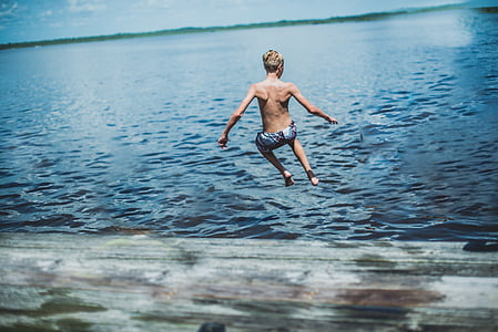 hoppe, Sommer, Lake, svømme, eventyr, shirtless, vann