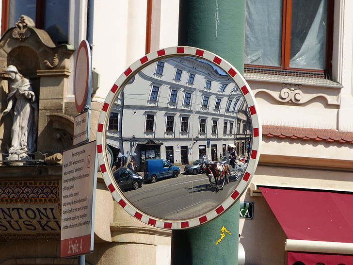 veidrodis, atspindys, gatvė, miesto