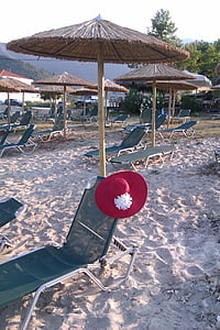 tanning senger, paraply, hatter, stranden, sand, stol, ferier