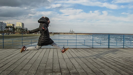 girl, playing, jump, happy kid, jumping for joy, deck, pier