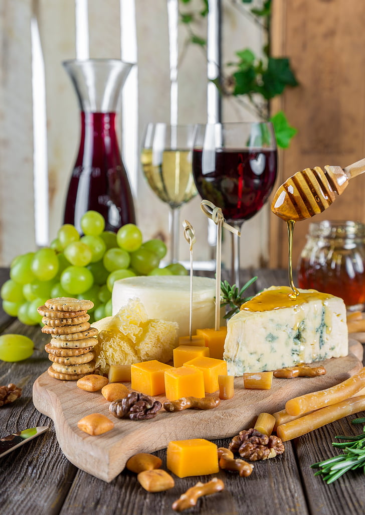 cheese, cheese plate, wine, snacks, gastronomy, nutrition, food