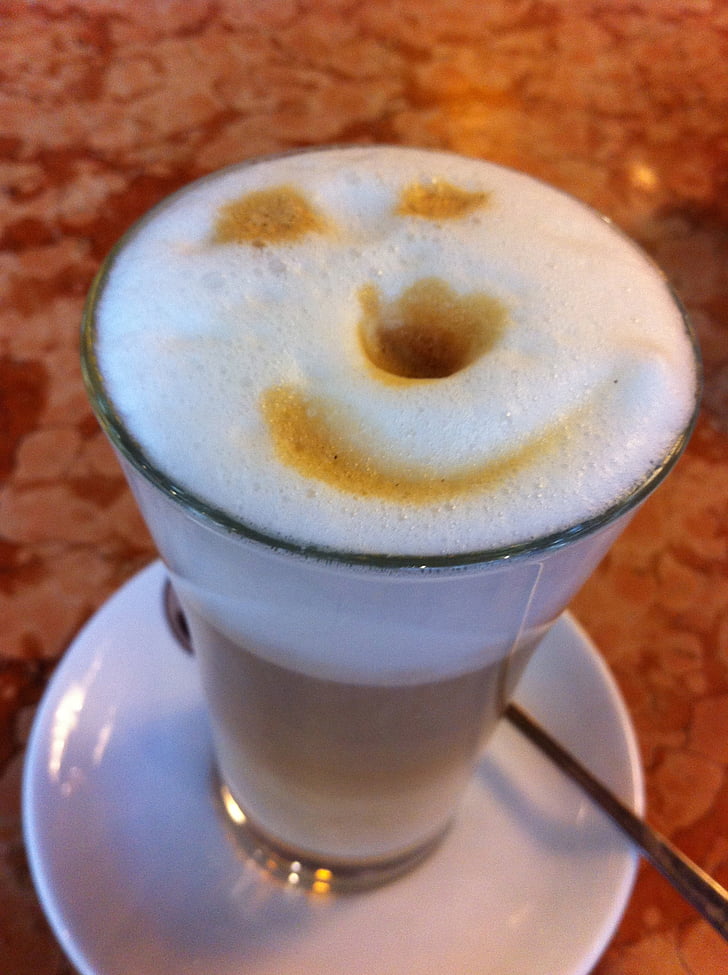 cafè, somrient, tassa de cafè, Copa, vidre, escuma, cafeteria
