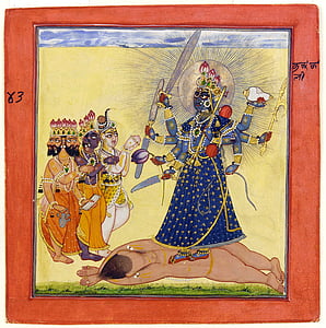 godheid, godin, Indiase, bhadrakali, schilderij, 1660, arme