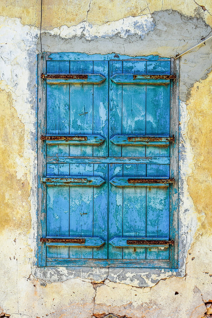 finestra, fusta, blau, vell, envellit, resistit, rovellat
