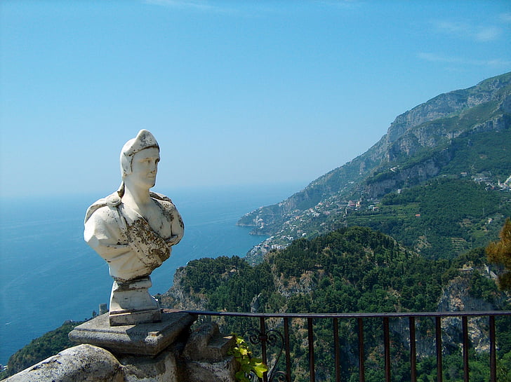 figure, bust, view, amalfi coast, ravello, villa cimbrone, italy